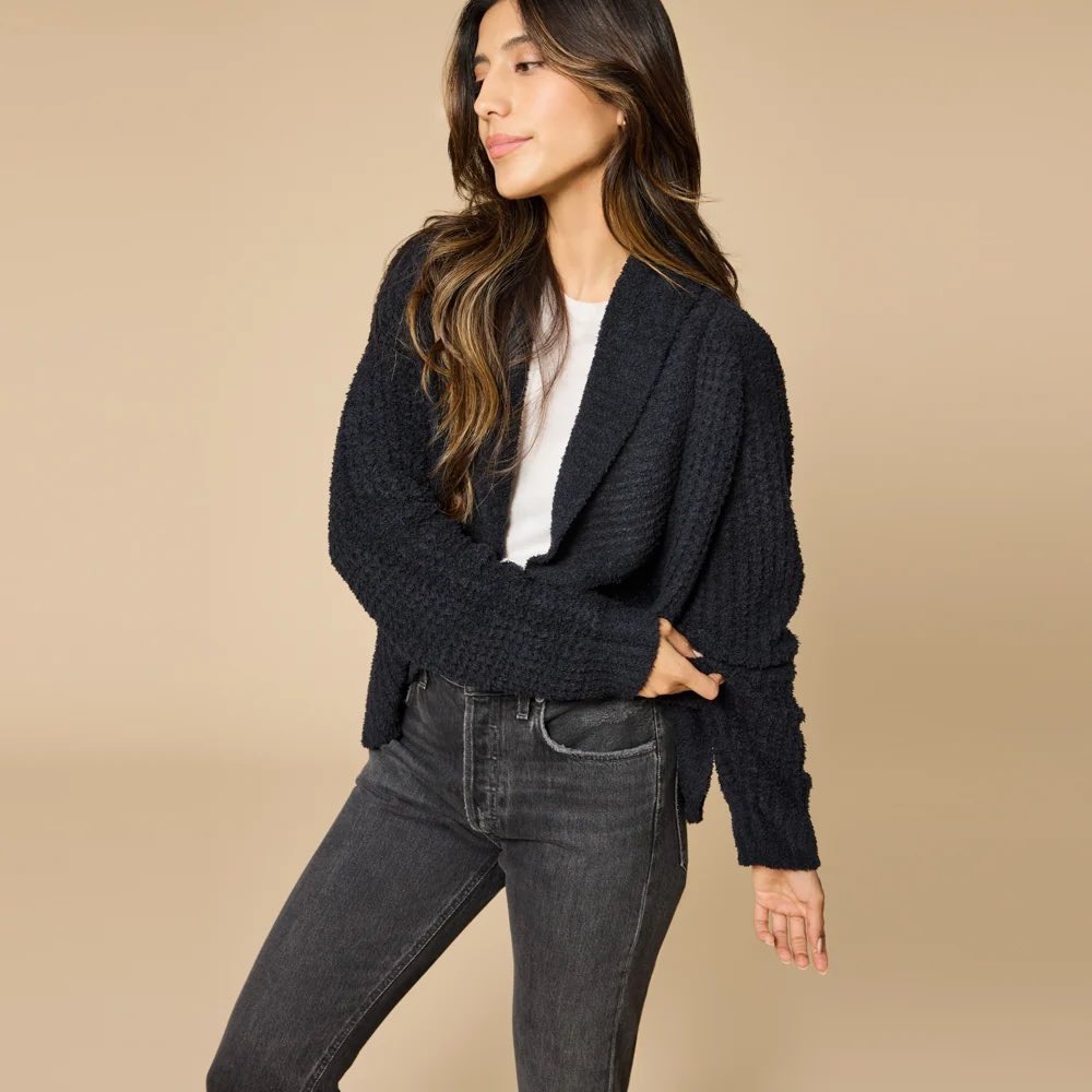Softies Women Waffle Marshmallow Cocoon Cardigan Sweater Small Black Lounge Cozy